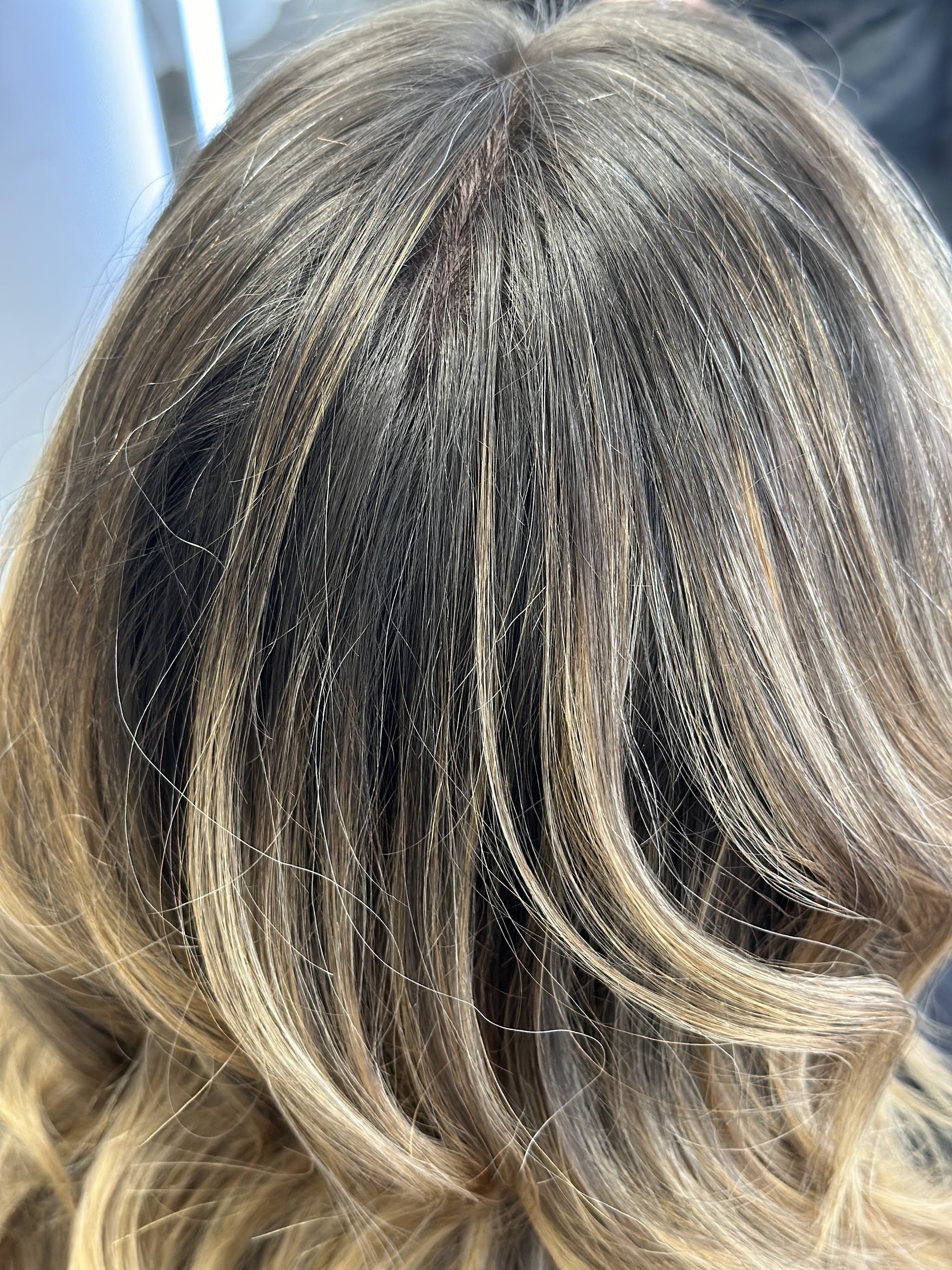 Balayage blending from a natural root into soft blonde lengths